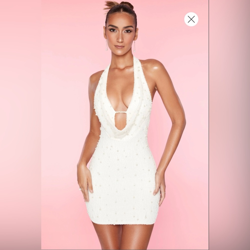 Oh Polly Versailles Deep Plunge Embellished Mini Dress in White